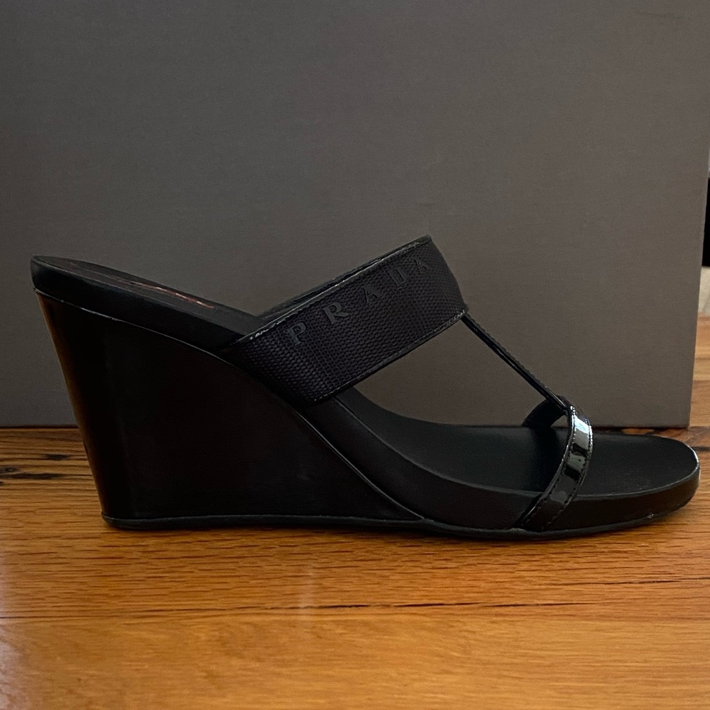 Authentic Black Patent Prada Wedge Sandal
